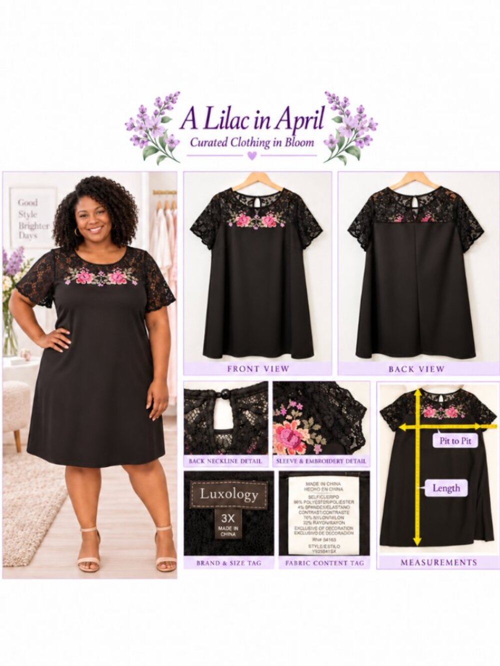 Luxology Size 3X Black Floral Embroidered Lace Short Sleeve Dress
